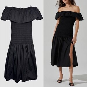 ASTR the Label Off Shoulder Midi Dress Smocked Slit Cotton Black Medium Stretch‎